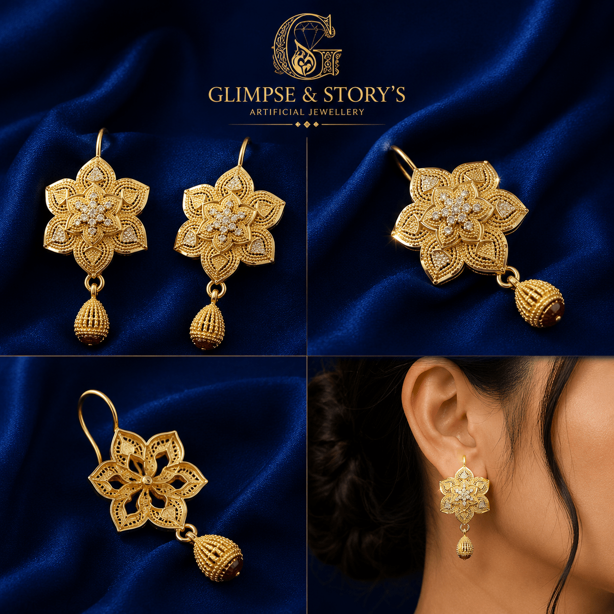 Luxury Gold Plated Floral Drop Earrings for Women – Fancy Statement Earrings | GLIMPSE & STORY’S - GLIMPSE&STORY'S