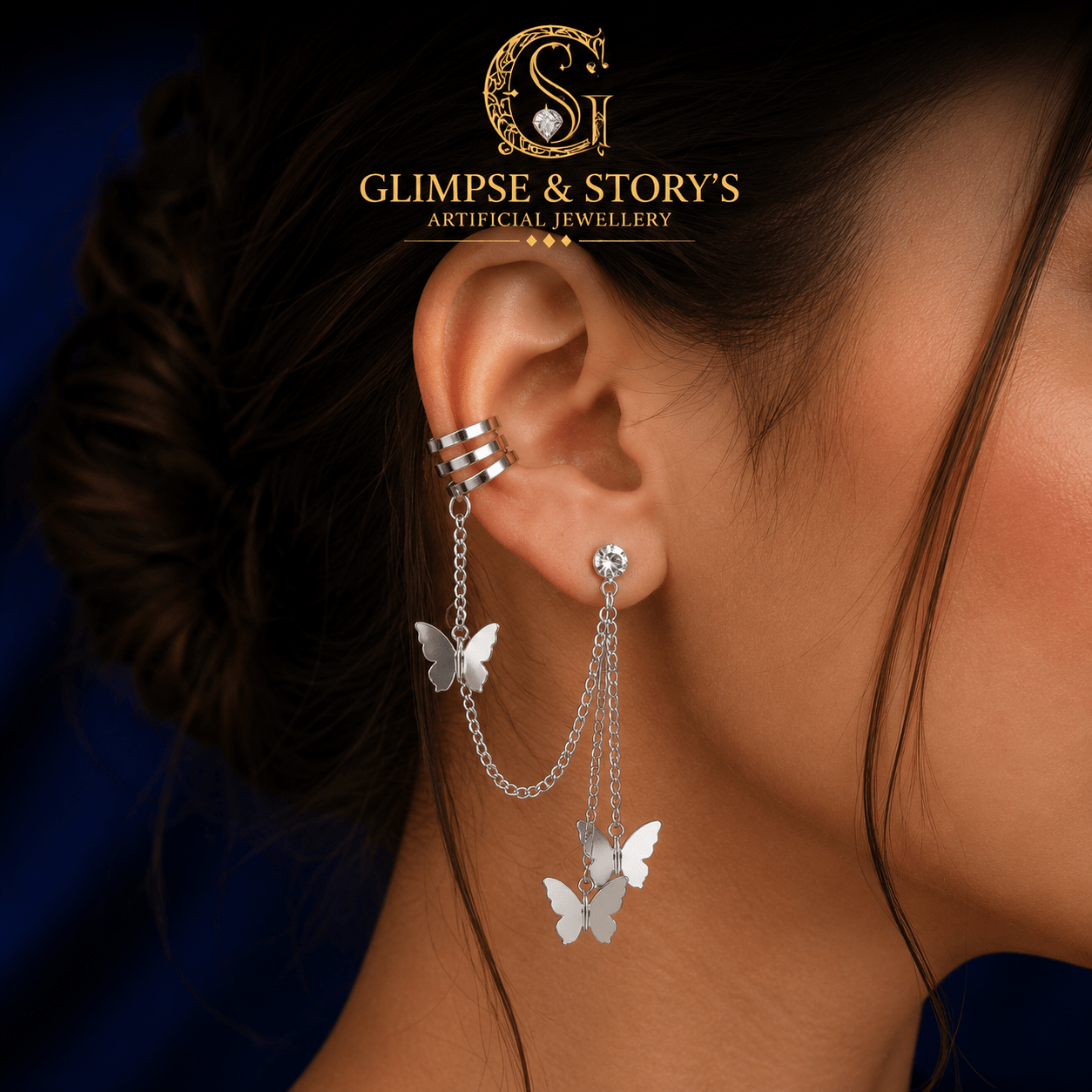 Butterfly Hanging Ear Cuffs – Trendy Silver Chain Earrings for Girls & Women - GLIMPSE&STORY'S