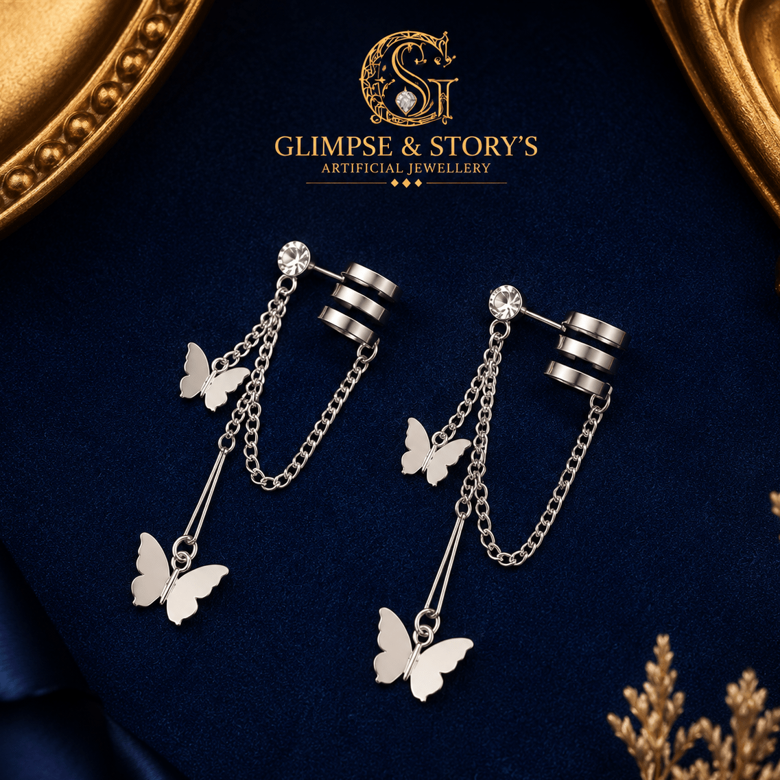 Butterfly Hanging Ear Cuffs – Trendy Silver Chain Earrings for Girls & Women - GLIMPSE&STORY'S