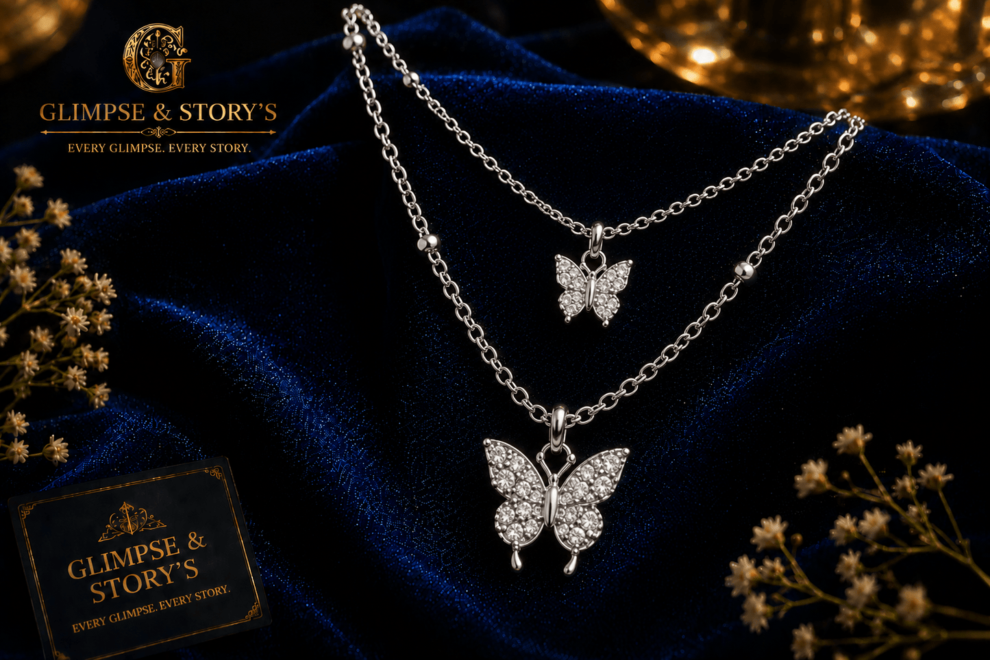 Double Layer Butterfly Necklace for Women – Silver Plated Adjustable Korean Style Butterfly Pendant Necklace - GLIMPSE&STORY'S
