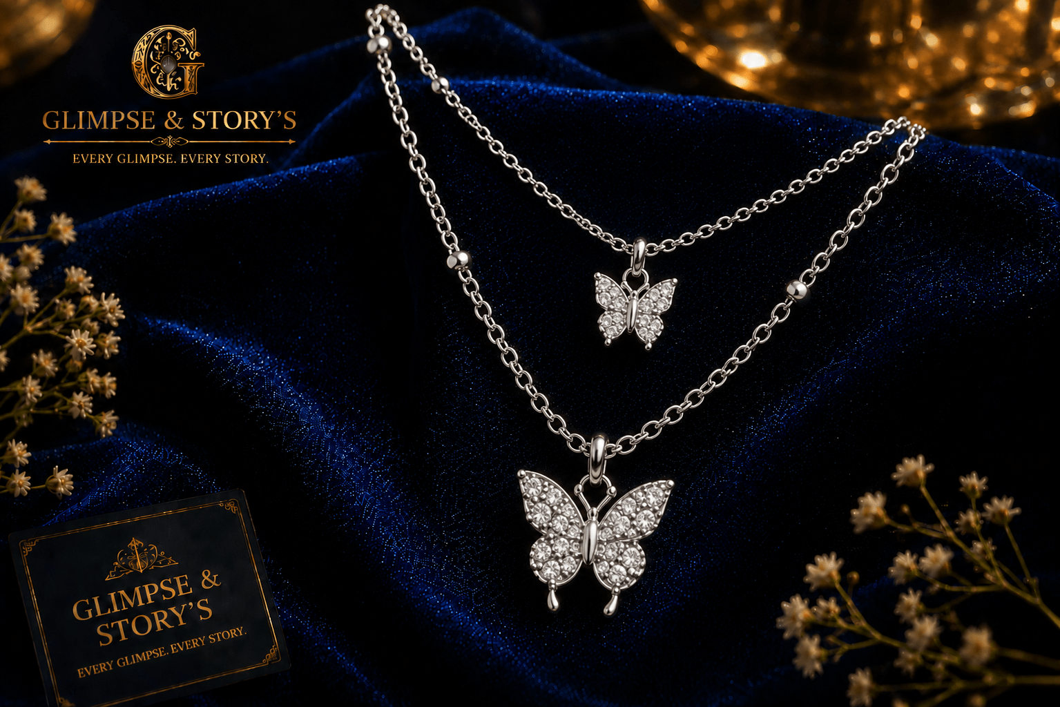 Double Layer Butterfly Necklace for Women – Silver Plated Adjustable Korean Style Butterfly Pendant Necklace - GLIMPSE&STORY'S
