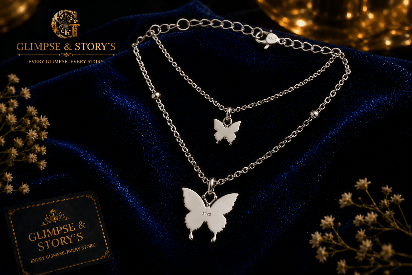 Double Layer Butterfly Necklace for Women – Silver Plated Adjustable Korean Style Butterfly Pendant Necklace - GLIMPSE&STORY'S