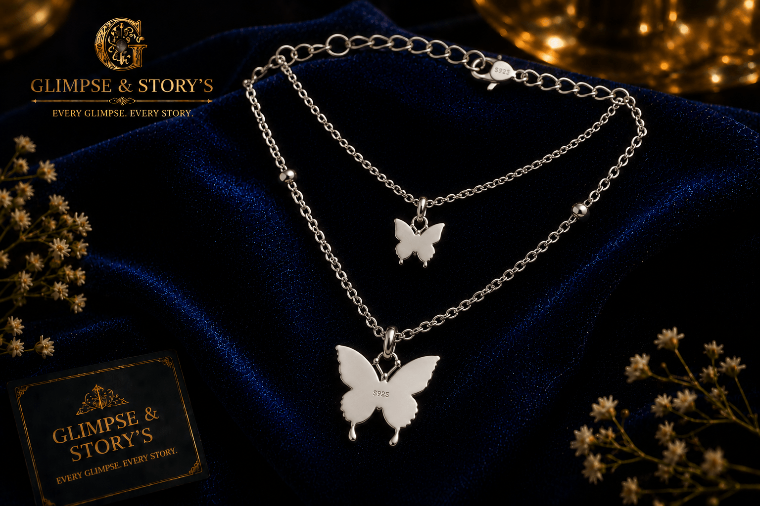 Double Layer Butterfly Necklace for Women – Silver Plated Adjustable Korean Style Butterfly Pendant Necklace - GLIMPSE&STORY'S