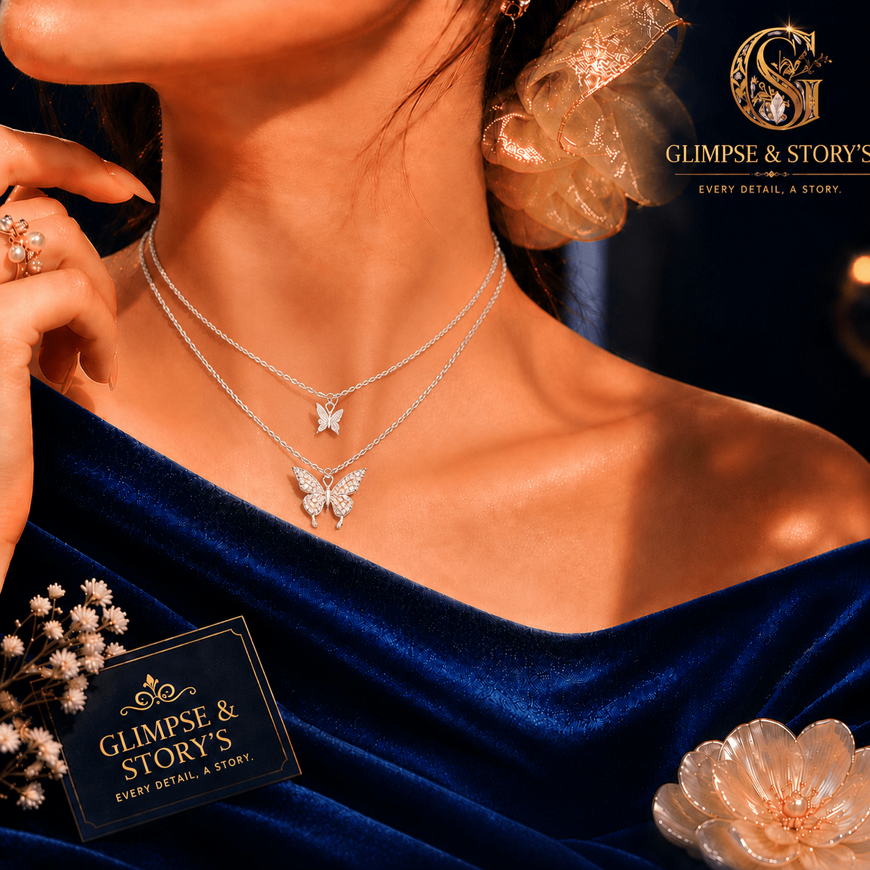 Double Layer Butterfly Necklace for Women – Silver Plated Adjustable Korean Style Butterfly Pendant Necklace - GLIMPSE&STORY'S