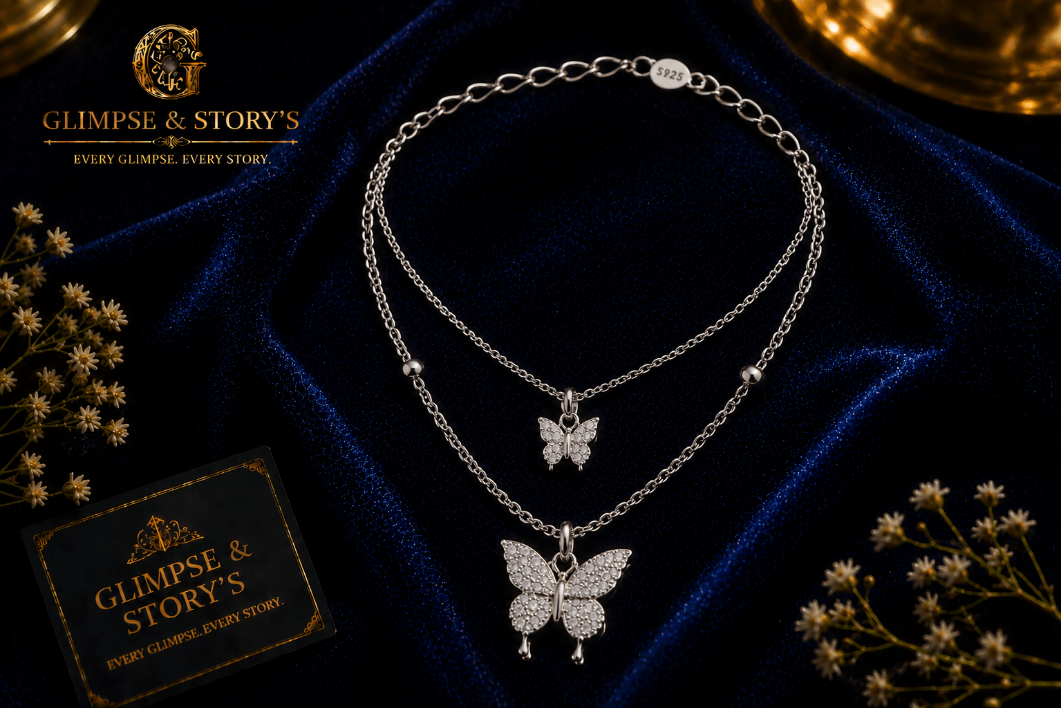 Double Layer Butterfly Necklace for Women – Silver Plated Adjustable Korean Style Butterfly Pendant Necklace - GLIMPSE&STORY'S