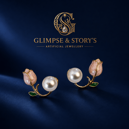 Elegant Pink Flower Pearl Earrings for Women – Gold Plated Luxury Floral Stud Earrings by GLIMPSE & STORY’S - GLIMPSE&STORY'S