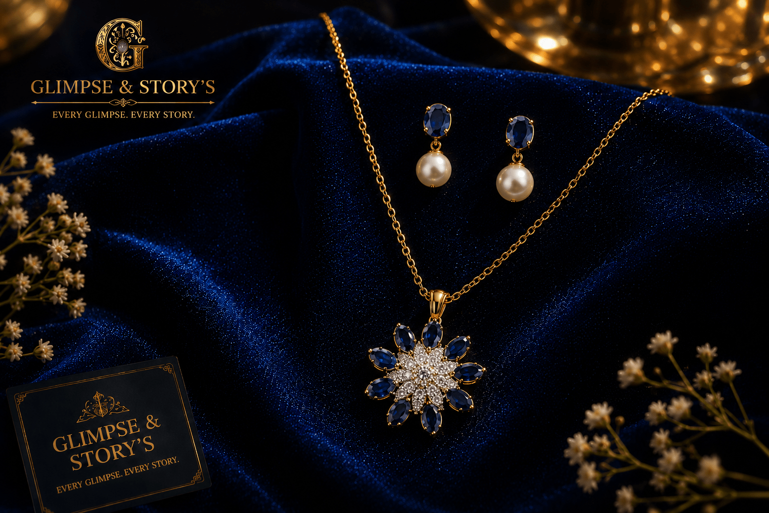 Royal Sapphire Bloom Gold Plated Pendant Set for Women – Luxury Crystal Necklace & Earrings by GLIMPSE & STORY’S - GLIMPSE&STORY'S