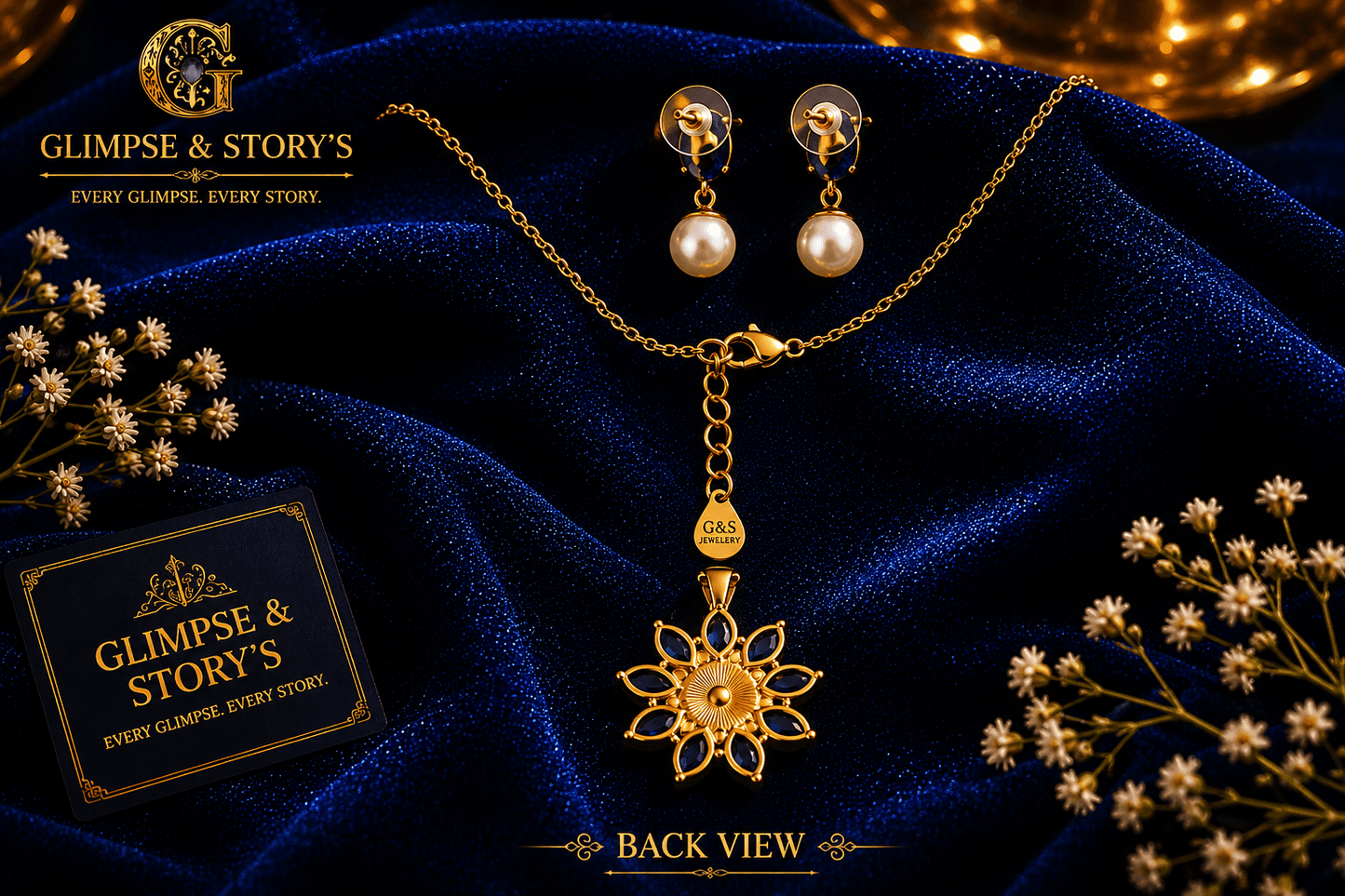 Royal Sapphire Bloom Gold Plated Pendant Set for Women – Luxury Crystal Necklace & Earrings by GLIMPSE & STORY’S - GLIMPSE&STORY'S