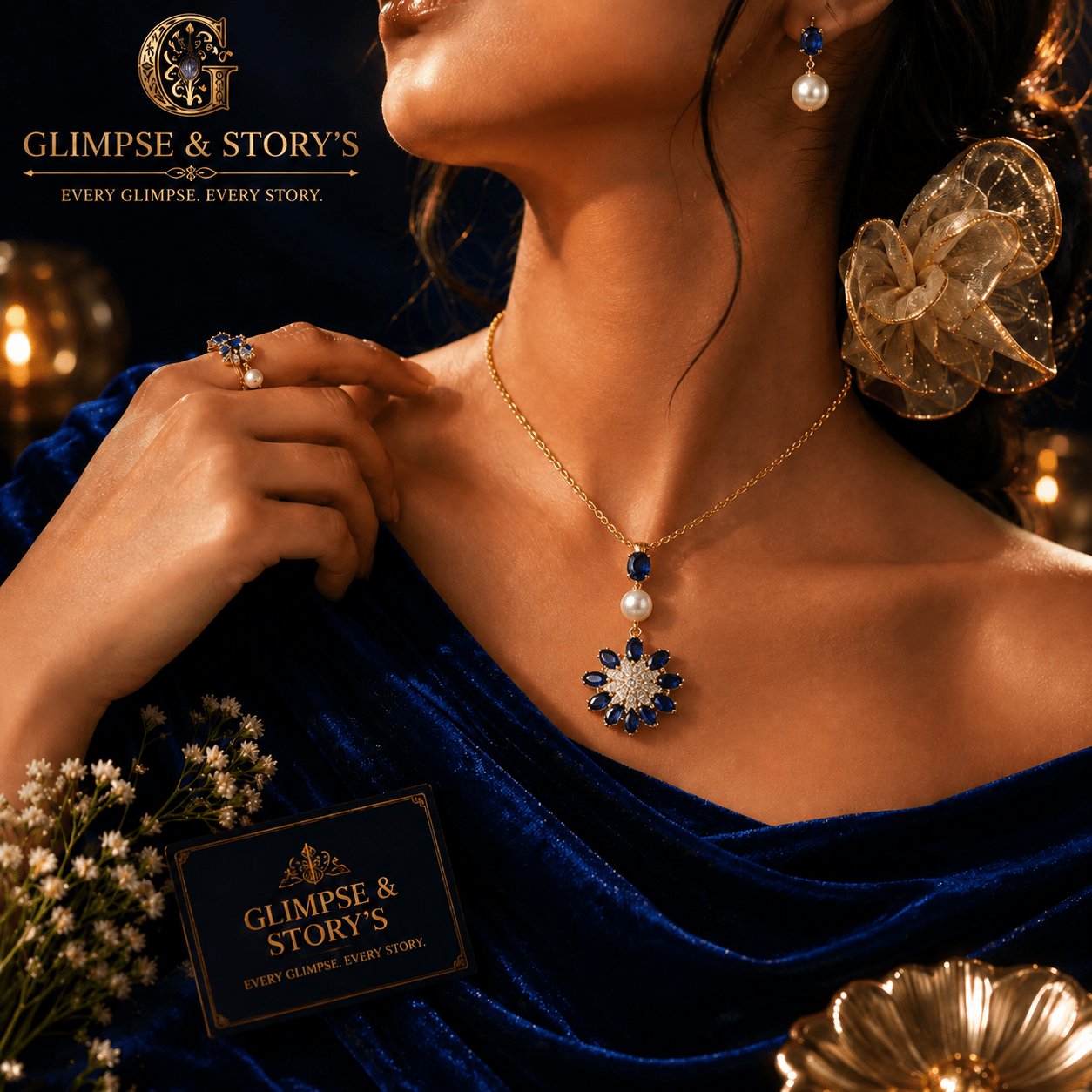 Royal Sapphire Bloom Gold Plated Pendant Set for Women – Luxury Crystal Necklace & Earrings by GLIMPSE & STORY’S - GLIMPSE&STORY'S