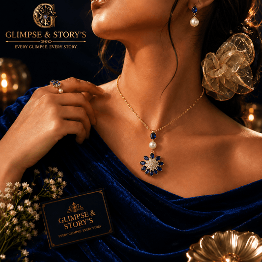 Royal Sapphire Bloom Gold Plated Pendant Set for Women – Luxury Crystal Necklace & Earrings by GLIMPSE & STORY’S - GLIMPSE&STORY'S