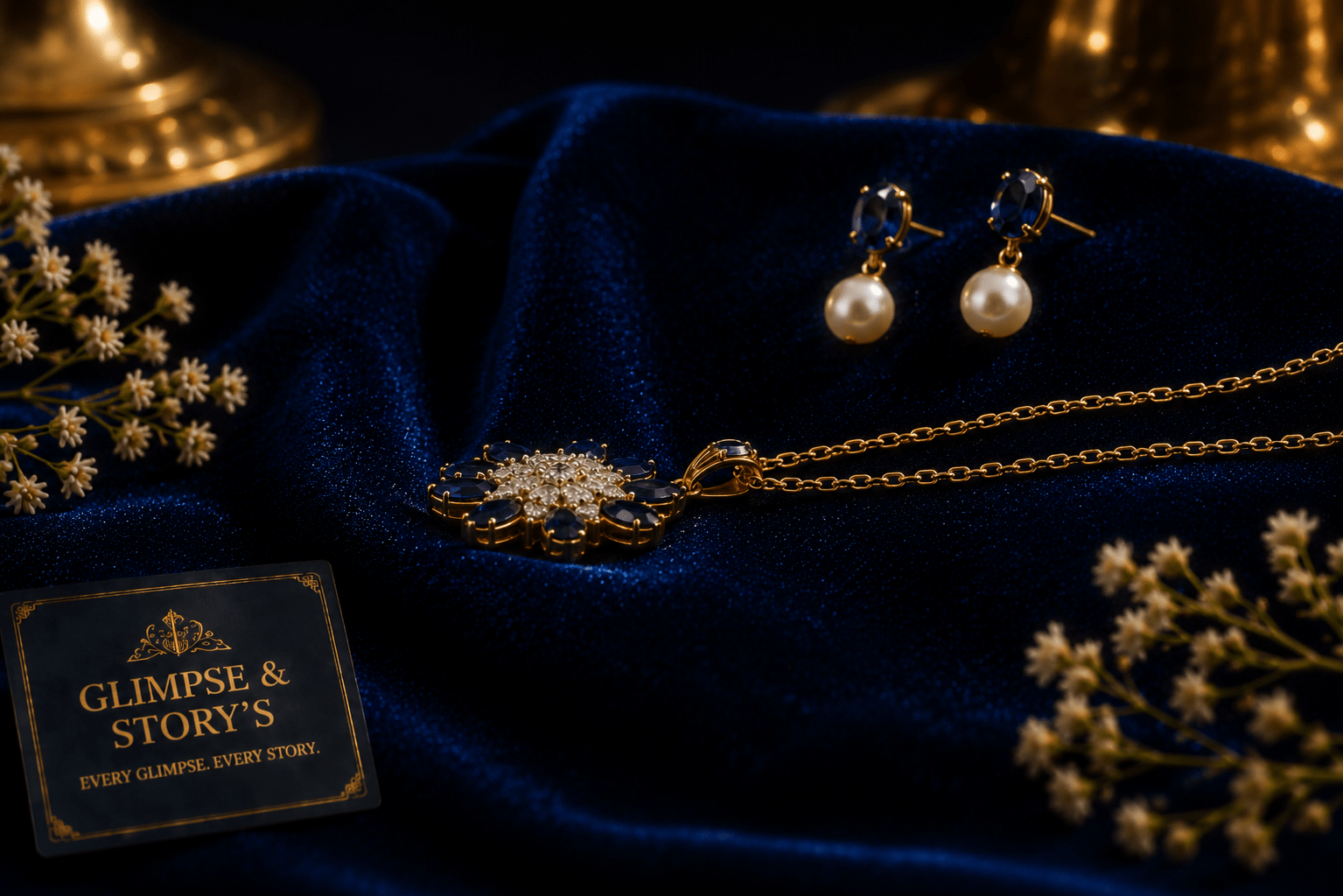 Royal Sapphire Bloom Gold Plated Pendant Set for Women – Luxury Crystal Necklace & Earrings by GLIMPSE & STORY’S - GLIMPSE&STORY'S